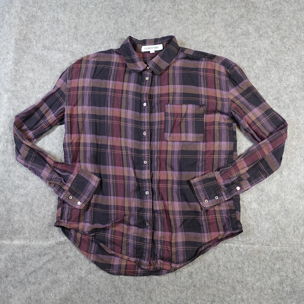 Elizabeth James Top Womens Extra Small Plaid‎ Button Up Long Sleeve Purple Black